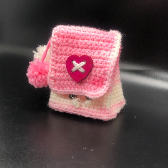 Bubblegum Pink & White Crochet Mini Backpack Keychain w/ Pom Poms, Heart Button - Picture 8 of 14
